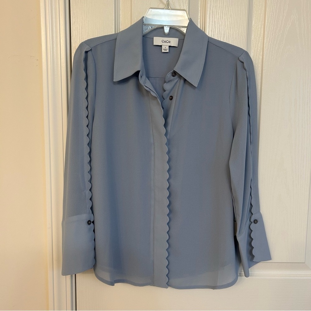CeCe Women's Scalloped-Trim Collared Long-Sleeve Blouse in Slate Blue Size S - Picture 4 of 9